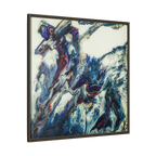 A side preview of the "Afrostar” FREEBRD abstract artwork painting on a 36x36 canvas with a 1.25 inch thickness, framed in a certified wood espresso frame that shows swirling wavy color hues like navy, rugged blue, ivory, off white, traditional red, purples and gold.