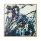 A front preview of the "Afrostar” FREEBRD abstract artwork painting on a 36x36 canvas with a 1.25 inch thickness, framed in a certified natural wood frame that shows swirling wavy color hues like navy, rugged blue, ivory, off white, traditional red, purples and gold.