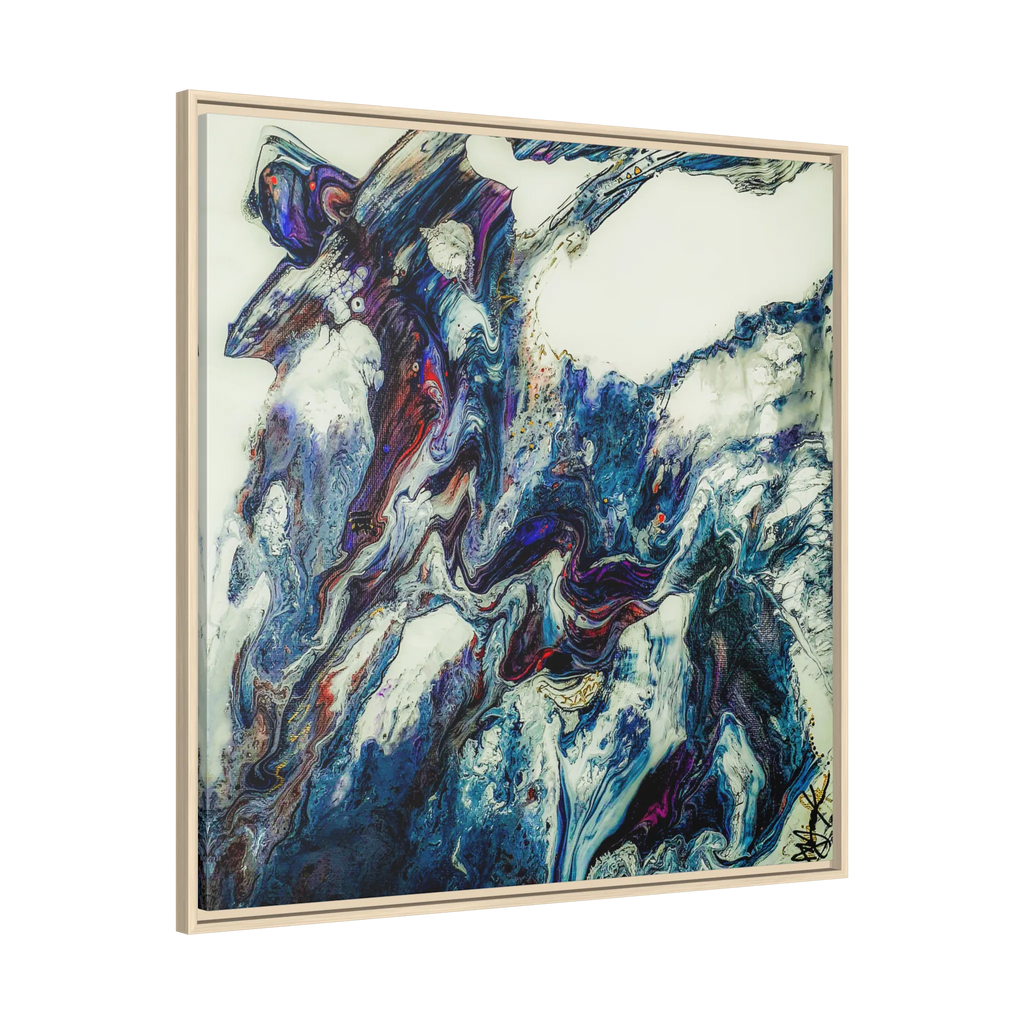 A side preview of the "Afrostar” FREEBRD abstract artwork painting on a 36x36 canvas with a 1.25 inch thickness, framed in a certified natural wood frame that shows swirling wavy color hues like navy, rugged blue, ivory, off white, traditional red, purples and gold.
