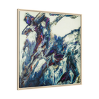 A side preview of the "Afrostar” FREEBRD abstract artwork painting on a 36x36 canvas with a 1.25 inch thickness, framed in a certified natural wood frame that shows swirling wavy color hues like navy, rugged blue, ivory, off white, traditional red, purples and gold.