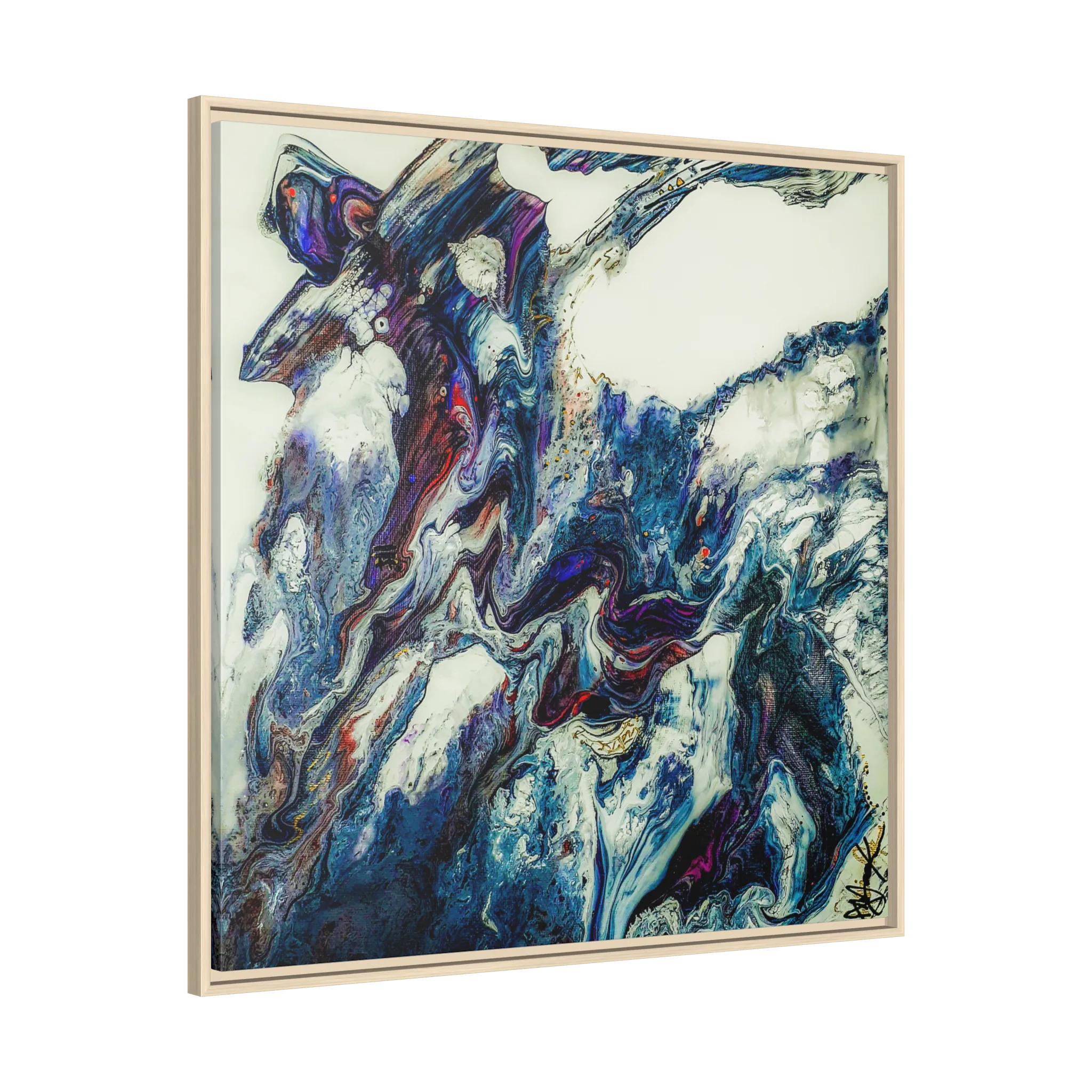 A side preview of the "Afrostar” FREEBRD abstract artwork painting on a 36x36 canvas with a 1.25 inch thickness, framed in a certified natural wood frame that shows swirling wavy color hues like navy, rugged blue, ivory, off white, traditional red, purples and gold.