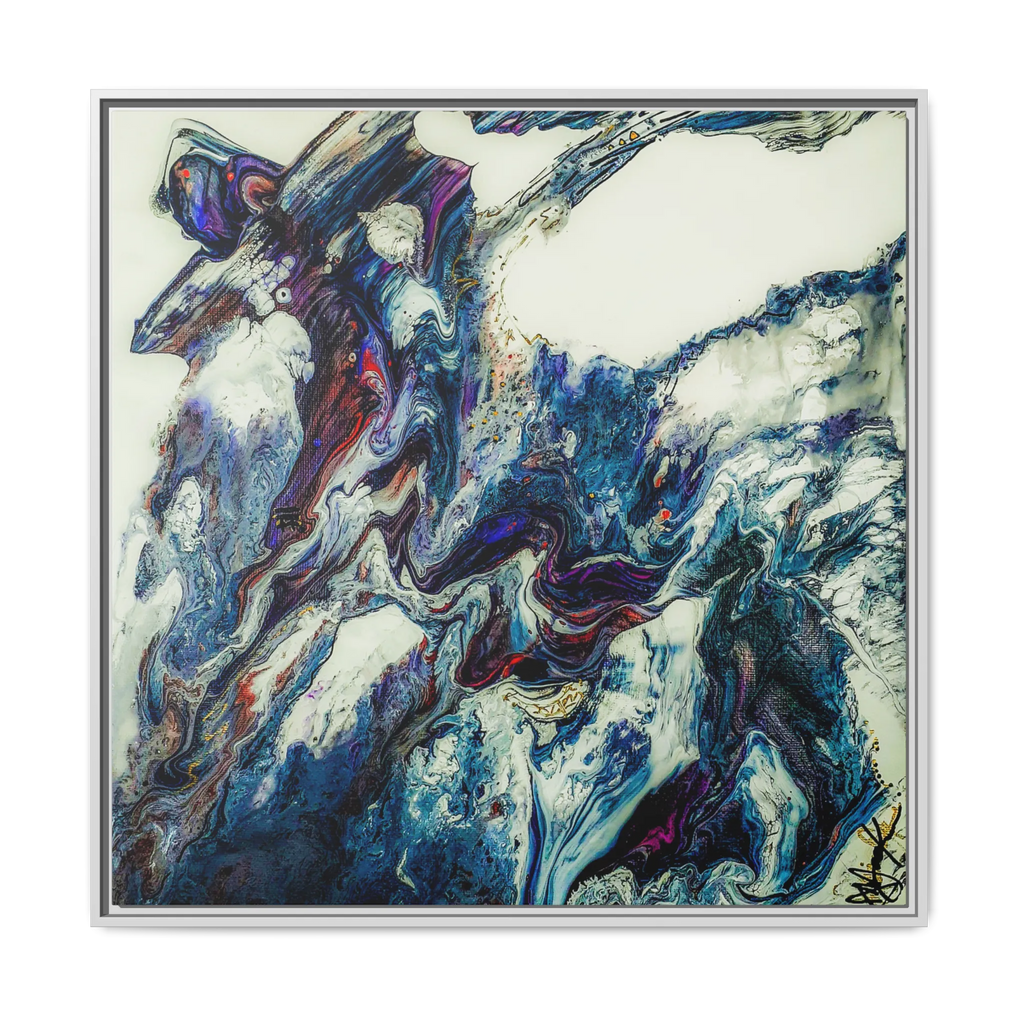 A front preview of the "Afrostar” FREEBRD abstract artwork painting on a 36x36 canvas with a 1.25 inch thickness, framed in a certified wood white frame that shows swirling wavy color hues like navy, rugged blue, ivory, off white, traditional red, purples and gold.