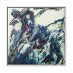 A front preview of the "Afrostar” FREEBRD abstract artwork painting on a 36x36 canvas with a 1.25 inch thickness, framed in a certified wood white frame that shows swirling wavy color hues like navy, rugged blue, ivory, off white, traditional red, purples and gold.