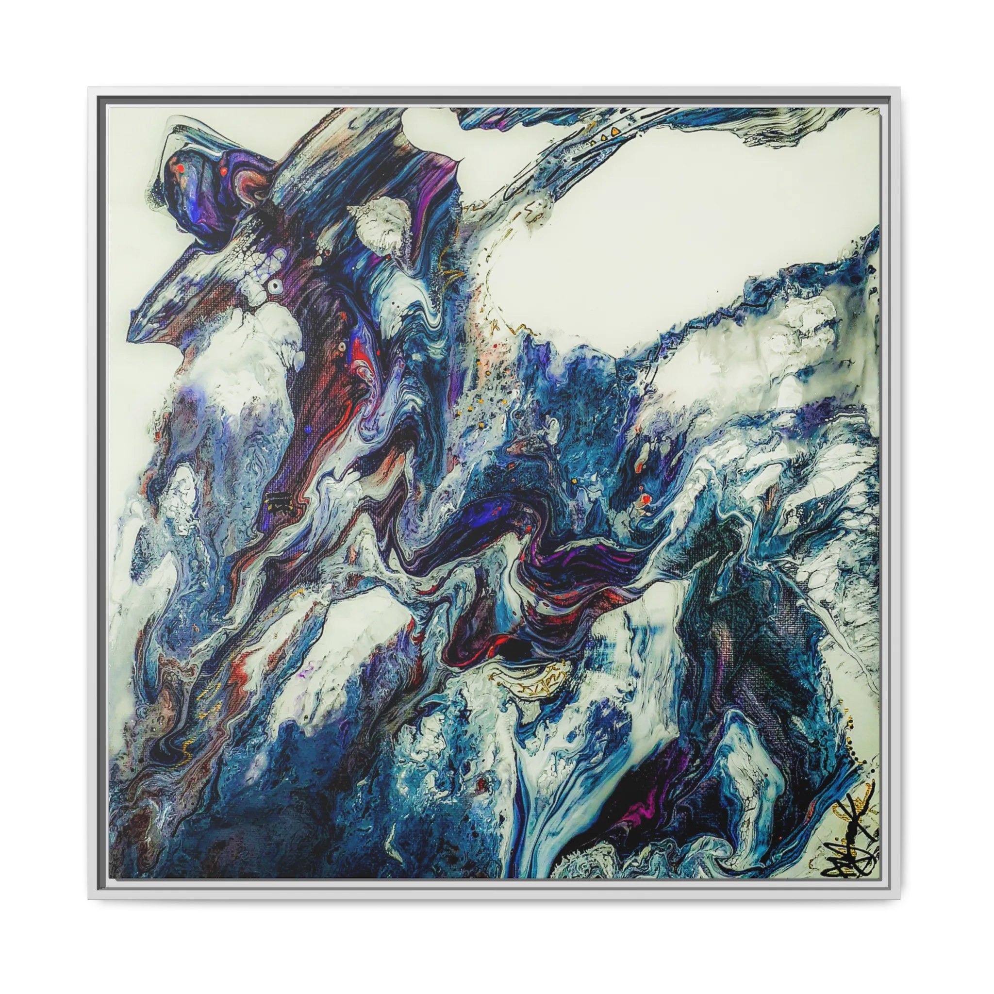 A front preview of the "Afrostar” FREEBRD abstract artwork painting on a 36x36 canvas with a 1.25 inch thickness, framed in a certified wood white frame that shows swirling wavy color hues like navy, rugged blue, ivory, off white, traditional red, purples and gold.