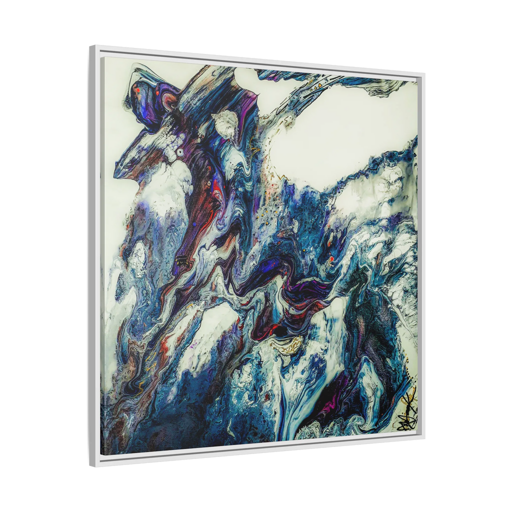 A side preview of the "Afrostar” FREEBRD abstract artwork painting on a 36x36 canvas with a 1.25 inch thickness, framed in a certified wood white frame that shows swirling wavy color hues like navy, rugged blue, ivory, off white, traditional red, purples and gold.