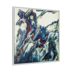 A side preview of the "Afrostar” FREEBRD abstract artwork painting on a 36x36 canvas with a 1.25 inch thickness, framed in a certified wood white frame that shows swirling wavy color hues like navy, rugged blue, ivory, off white, traditional red, purples and gold.