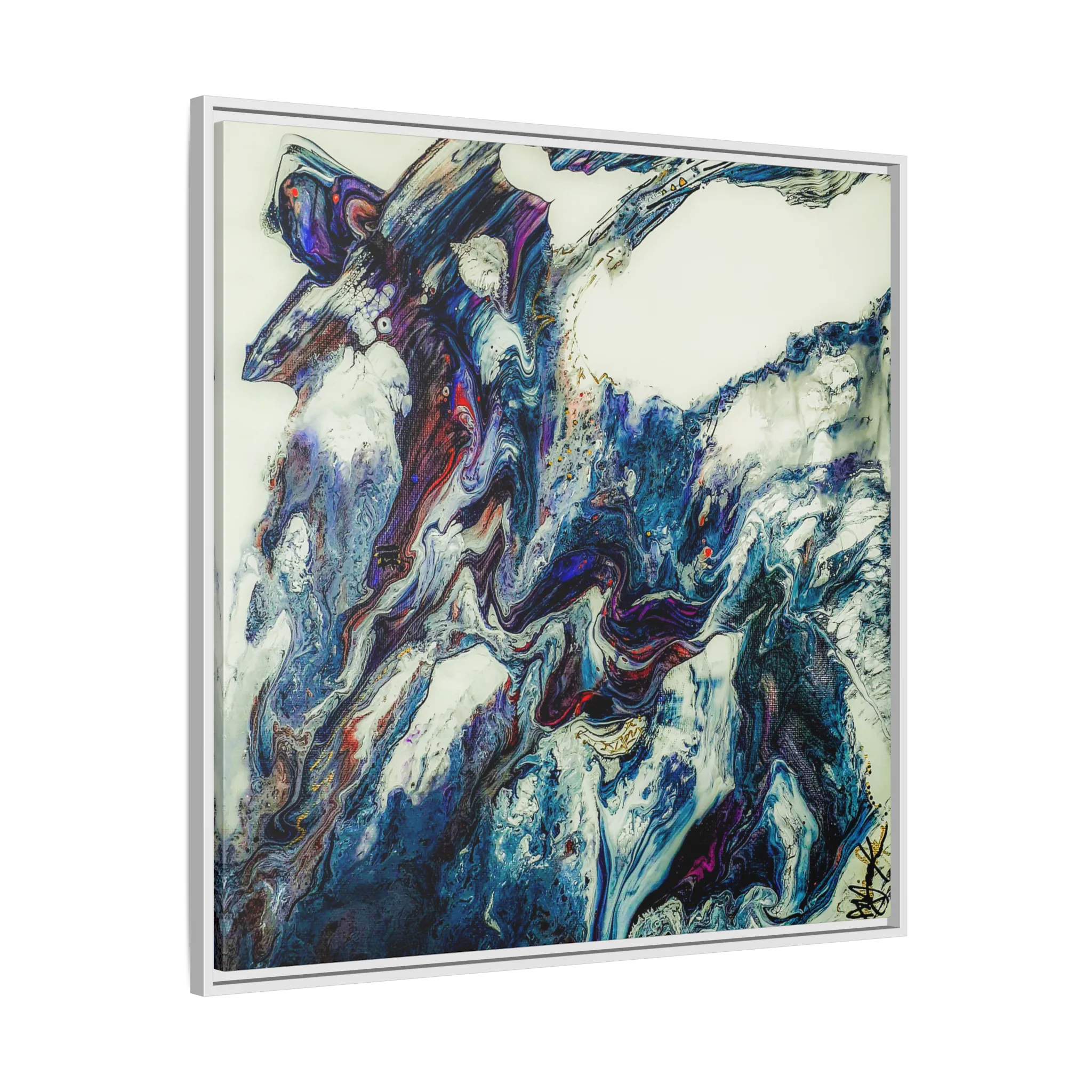 A side preview of the "Afrostar” FREEBRD abstract artwork painting on a 36x36 canvas with a 1.25 inch thickness, framed in a certified wood white frame that shows swirling wavy color hues like navy, rugged blue, ivory, off white, traditional red, purples and gold.
