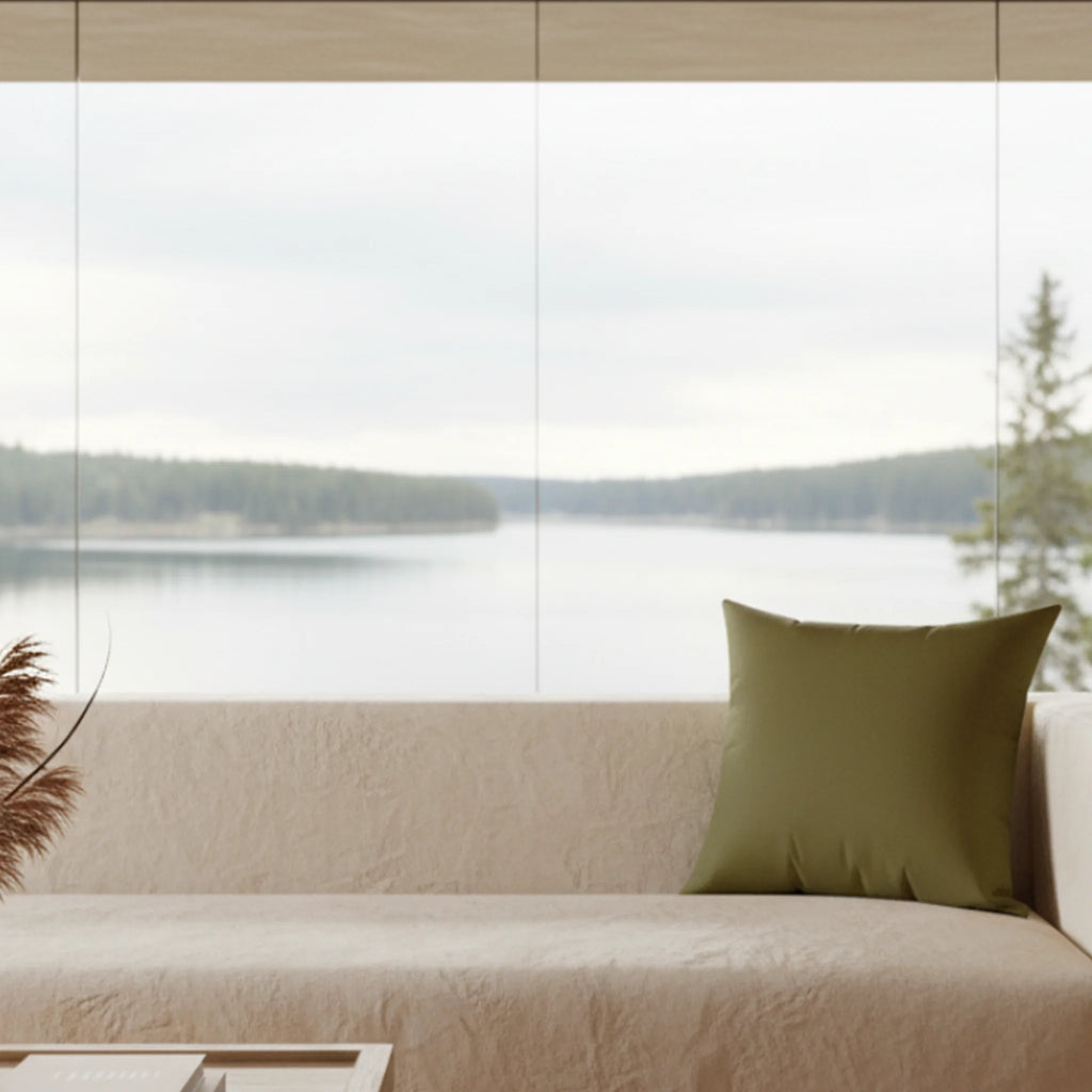 Aged wood faux suede throw pillow styled on a couch in a nordic forest-inspired living room.