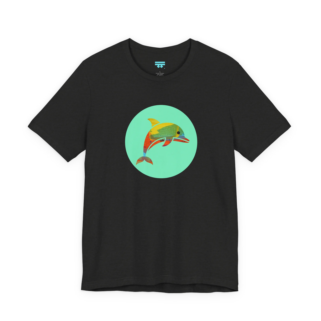 Black Heather crew neck tee, Ali Sgrattage colorful dolphin circle graphic, FREEBRD, front view.