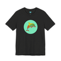 Black Heather crew neck tee, Ali Sgrattage colorful dolphin circle graphic, FREEBRD, front view.