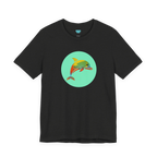 Black Heather crew neck tee, Ali Sgrattage colorful dolphin circle graphic, FREEBRD, front view.