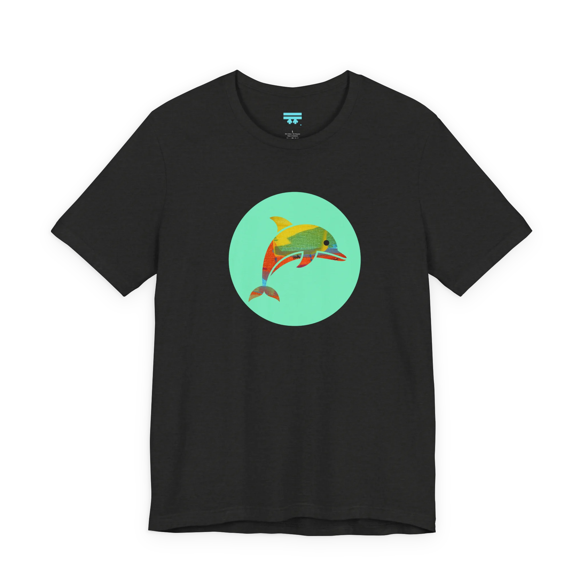 Black Heather crew neck tee, Ali Sgrattage colorful dolphin circle graphic, FREEBRD, front view.