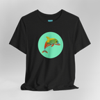 Black Heather Ali Dolphin Circle Tee, crew neck, ghost mannequin, front.