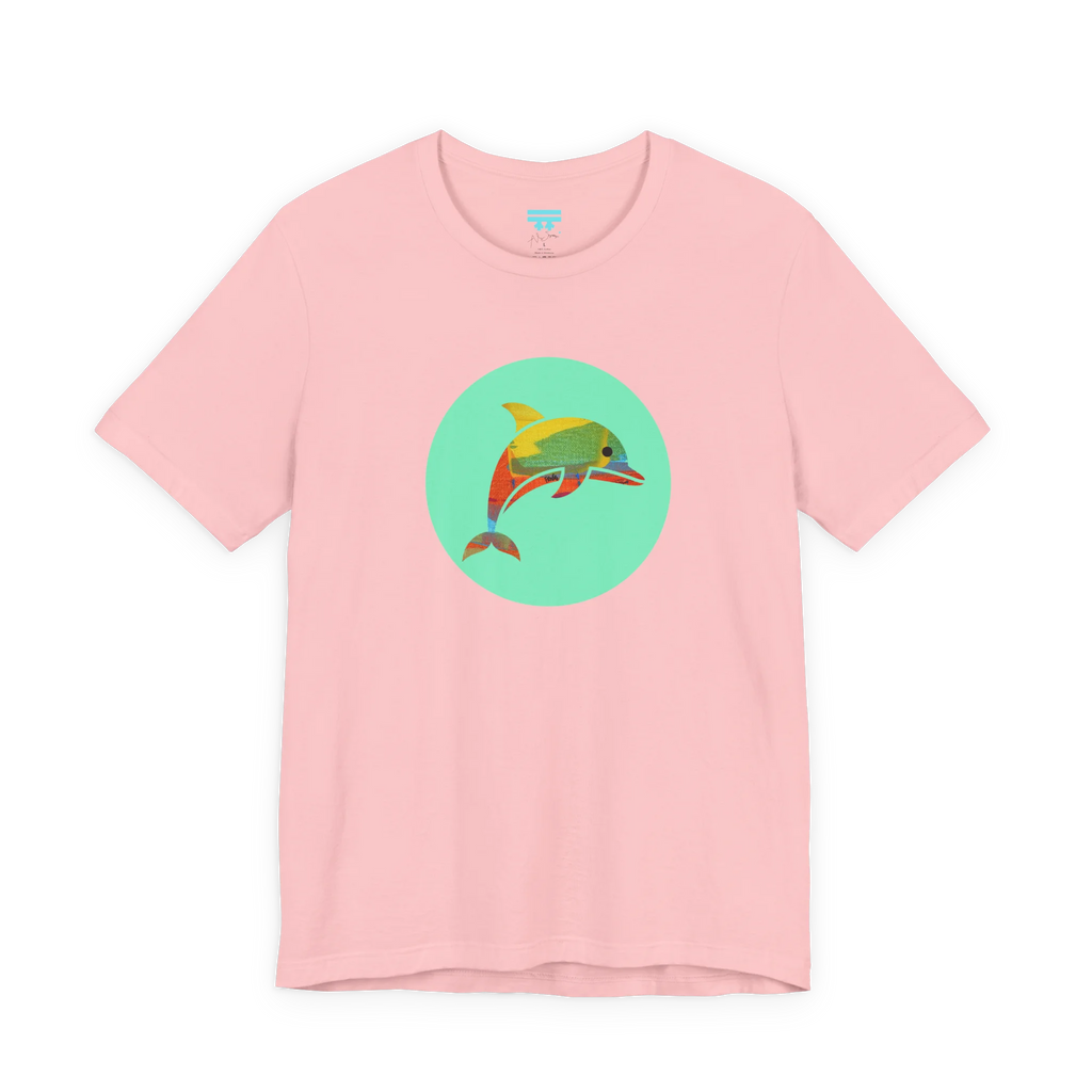 Pink crew neck tee, Ali Sgrattage colorful dolphin circle graphic, FREEBRD, front view.