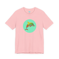 Pink crew neck tee, Ali Sgrattage colorful dolphin circle graphic, FREEBRD, front view.