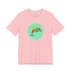 Pink crew neck tee, Ali Sgrattage colorful dolphin circle graphic, FREEBRD, front view.