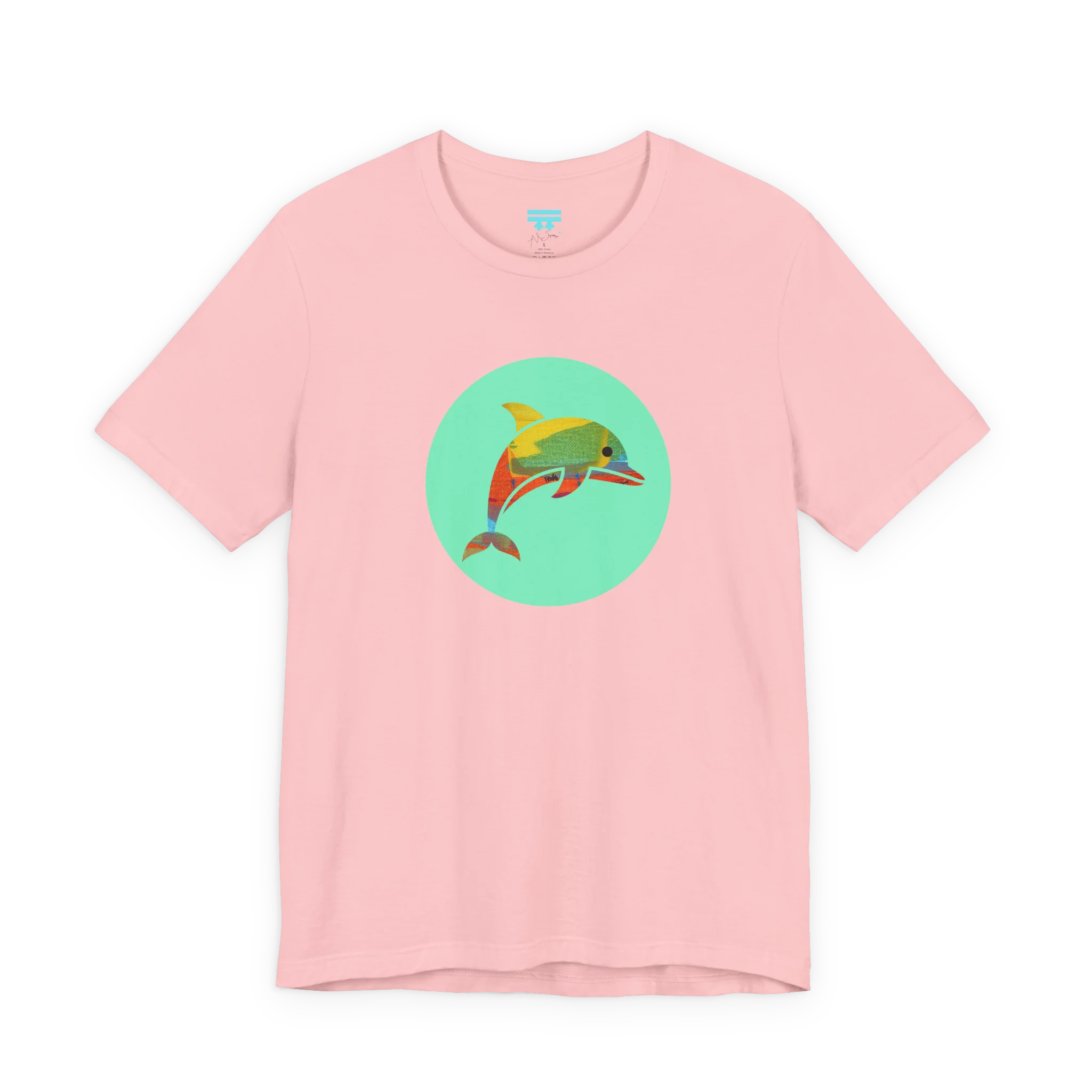 Pink crew neck tee, Ali Sgrattage colorful dolphin circle graphic, FREEBRD, front view.