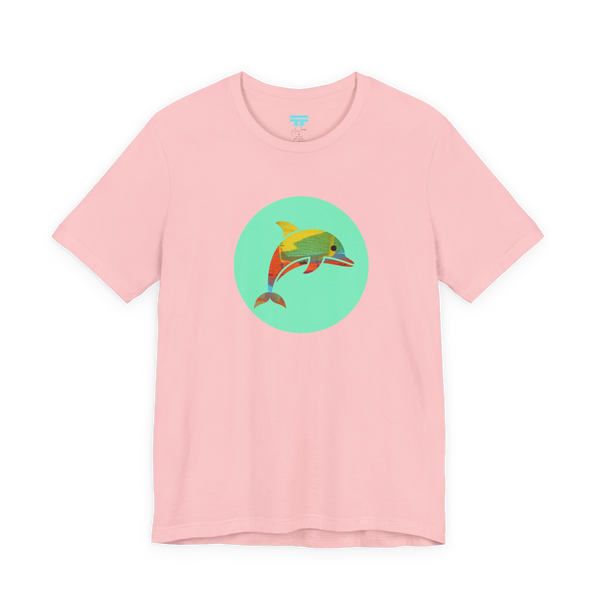 Pink crew neck tee, Ali Sgrattage colorful dolphin circle graphic, FREEBRD, front view.