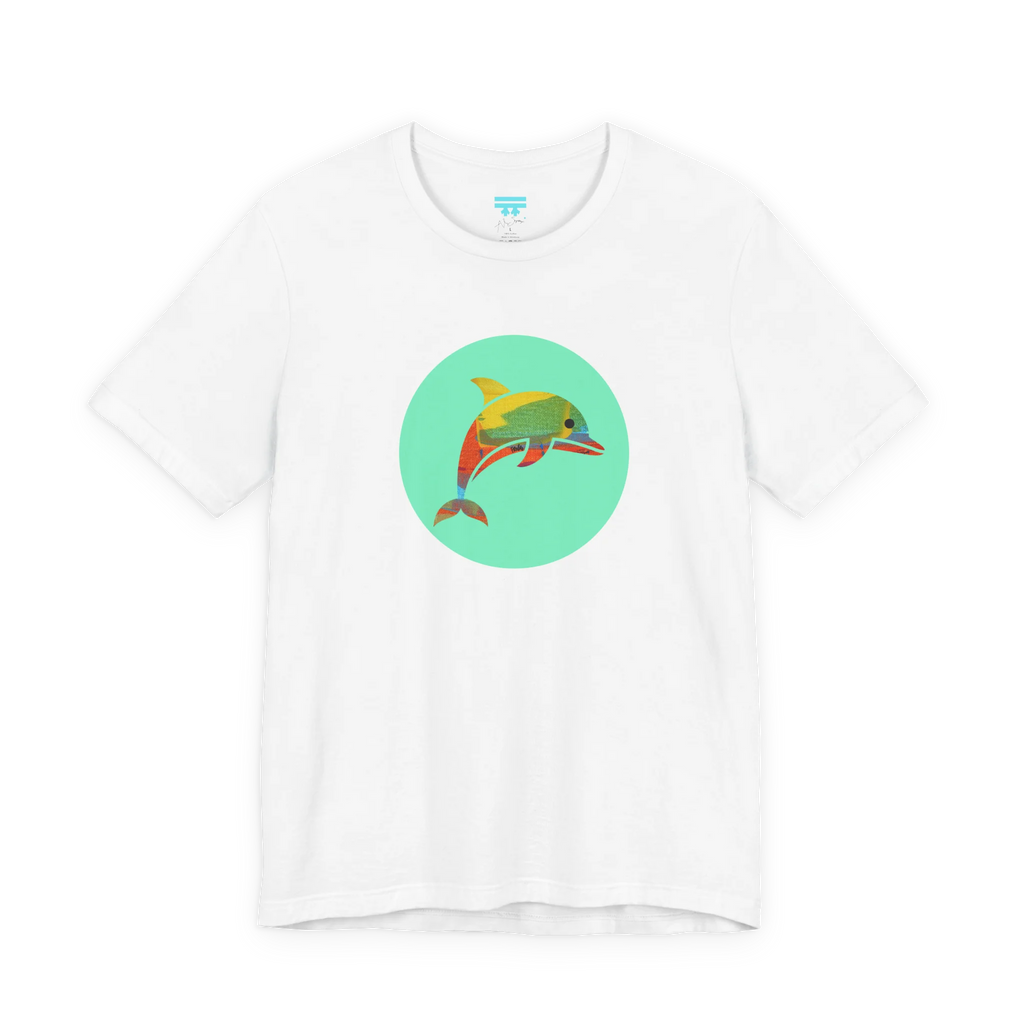 White crew neck tee, Ali Sgrattage colorful dolphin circle graphic, FREEBRD, front view.