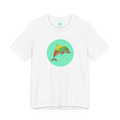 White crew neck tee, Ali Sgrattage colorful dolphin circle graphic, FREEBRD, front view.