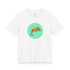 White crew neck tee, Ali Sgrattage colorful dolphin circle graphic, FREEBRD, front view.