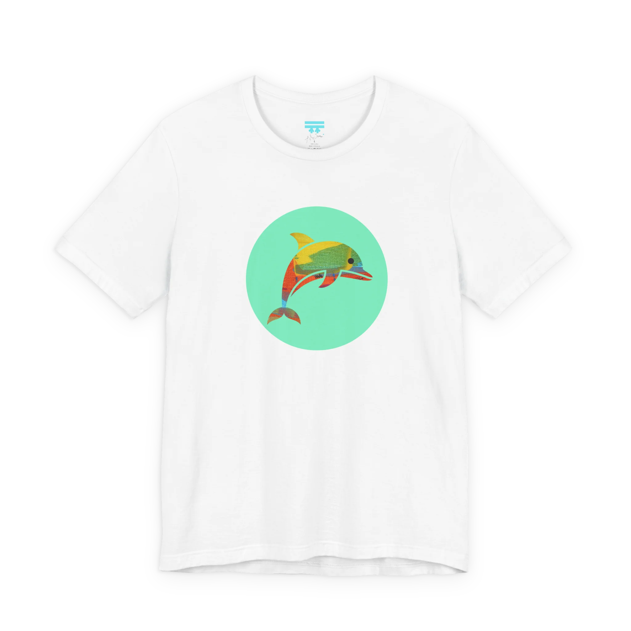 White crew neck tee, Ali Sgrattage colorful dolphin circle graphic, FREEBRD, front view.