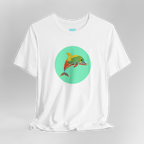 White Ali Dolphin Circle Tee, crew neck, ghost mannequin, front.