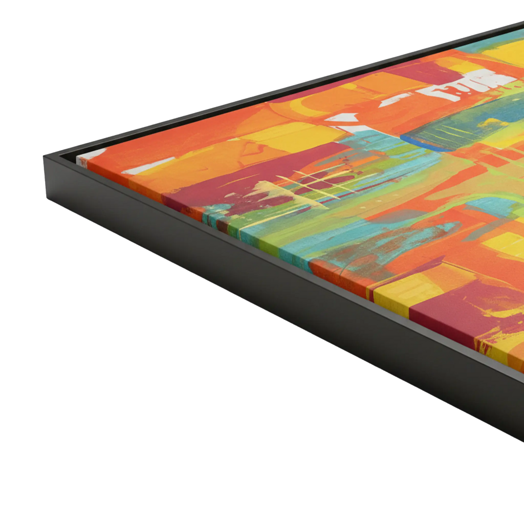 30x30 "Ali Sgrattage" Freebrd Abstract Framed Canvas — side depth shot showcasing 1.25" thick gallery-depth canvas edge and slim black frame profile with true-to-color fiery orange, yellow and teal artwork visible.