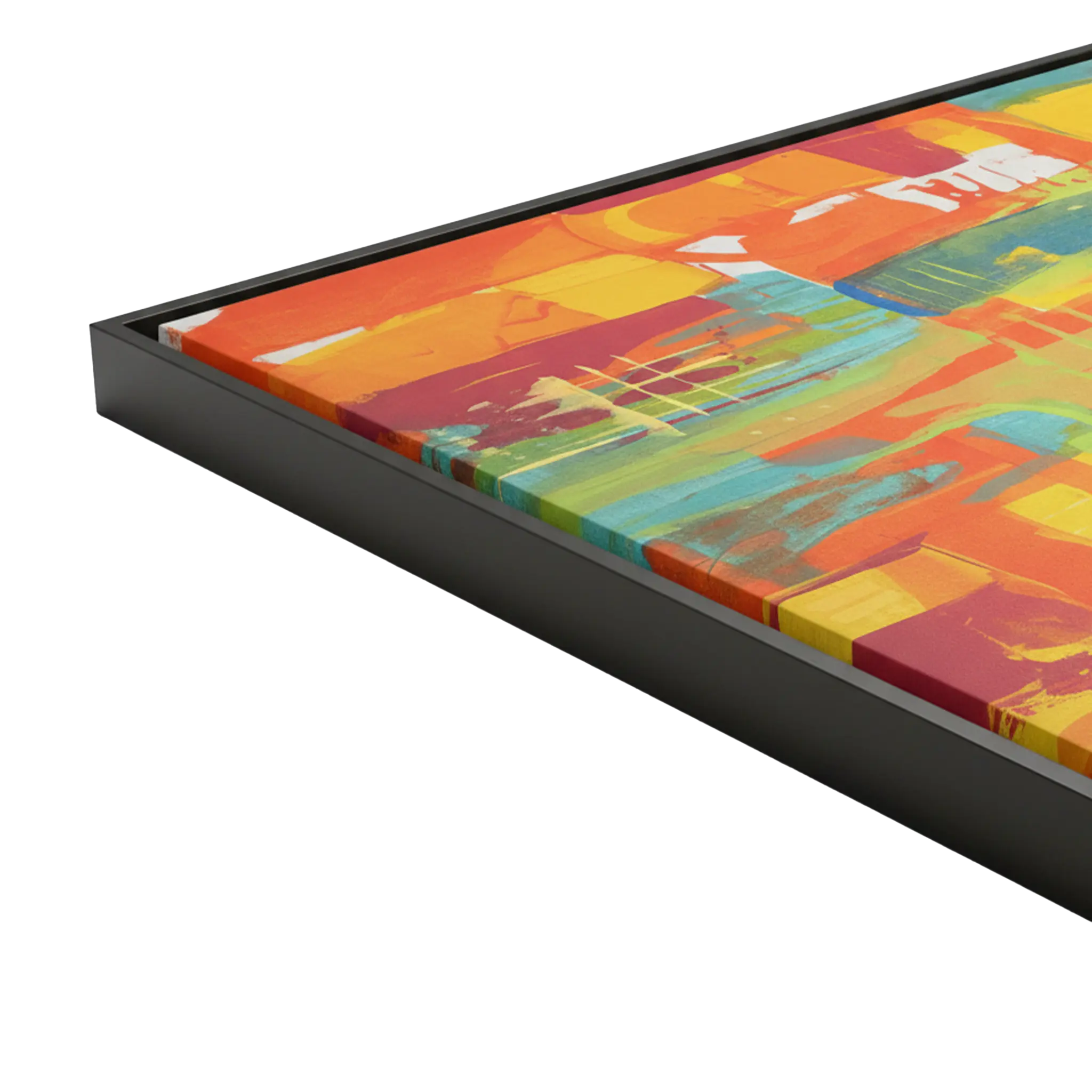 30x30 "Ali Sgrattage" Freebrd Abstract Framed Canvas — side depth shot showcasing 1.25" thick gallery-depth canvas edge and slim black frame profile with true-to-color fiery orange, yellow and teal artwork visible.