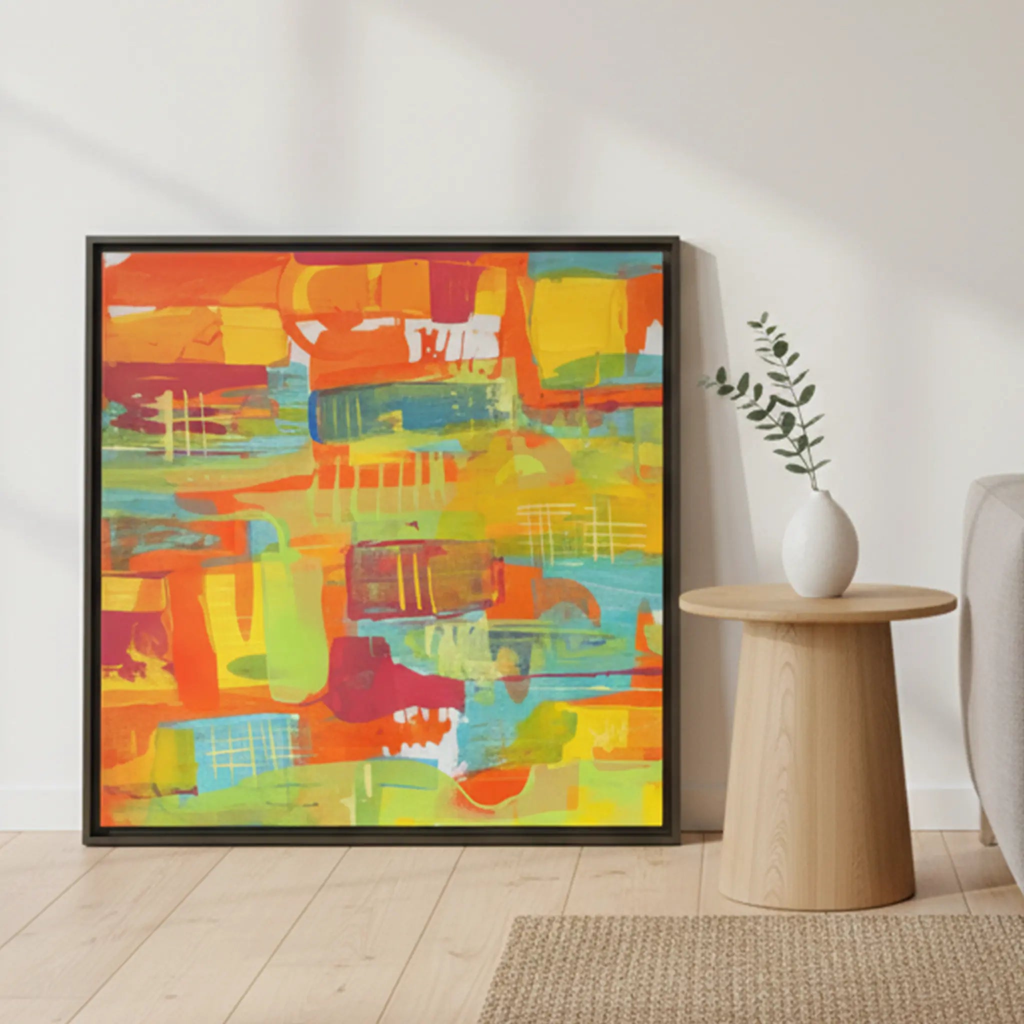 30x30 "Ali Sgrattage" Freebrd Abstract Framed Canvas — size reference shot showing framed canvas leaning against wall beside accent chair, fiery orange, yellow, teal and lime green abstract art, fully framed in black.