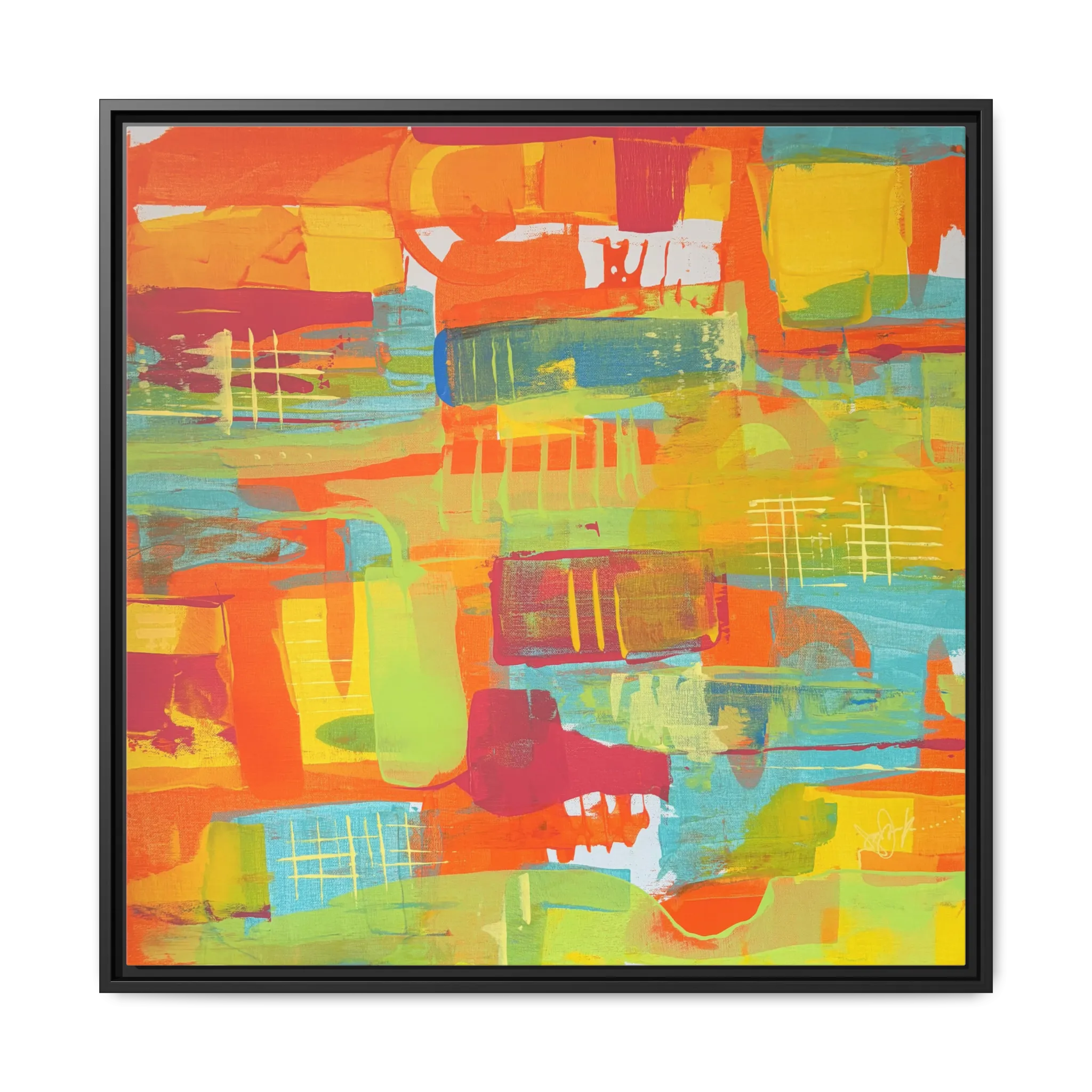 A front view of the 30 x 30 “Ali Sgrattage” Freebrd Abstract Framed 1.25” thick Canvas framed in black. Showcasing teal, boho orange, sunshine yellow, butter yellow, lime green and white paint textures with a black wooden frame.