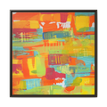 A front view of the 30 x 30 “Ali Sgrattage” Freebrd Abstract Framed 1.25” thick Canvas framed in espresso. Showcasing teal, boho orange, sunshine yellow, butter yellow, lime green and white paint textures with an espresso wooden frame.