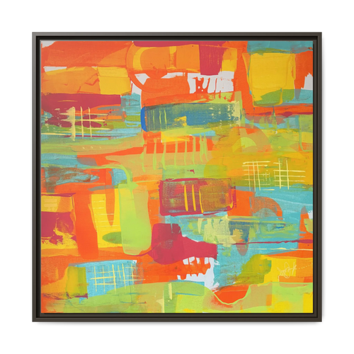 A front view of the 30 x 30 “Ali Sgrattage” Freebrd Abstract Framed 1.25” thick Canvas framed in espresso. Showcasing teal, boho orange, sunshine yellow, butter yellow, lime green and white paint textures with an espresso wooden frame.