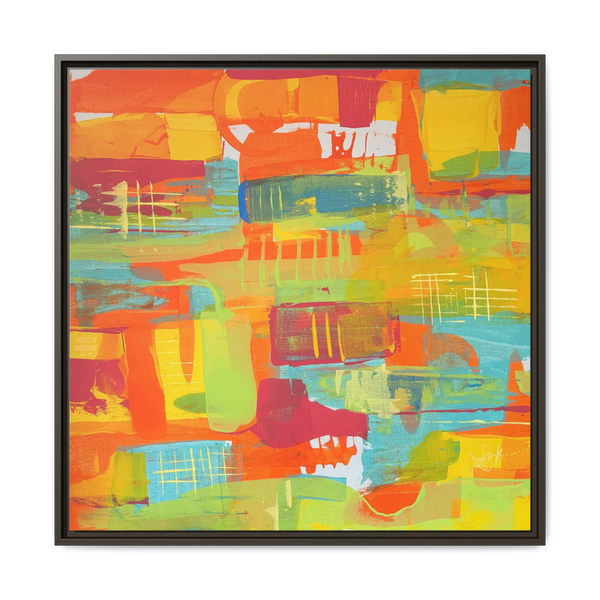 A front view of the 30 x 30 “Ali Sgrattage” Freebrd Abstract Framed 1.25” thick Canvas framed in espresso. Showcasing teal, boho orange, sunshine yellow, butter yellow, lime green and white paint textures with an espresso wooden frame.