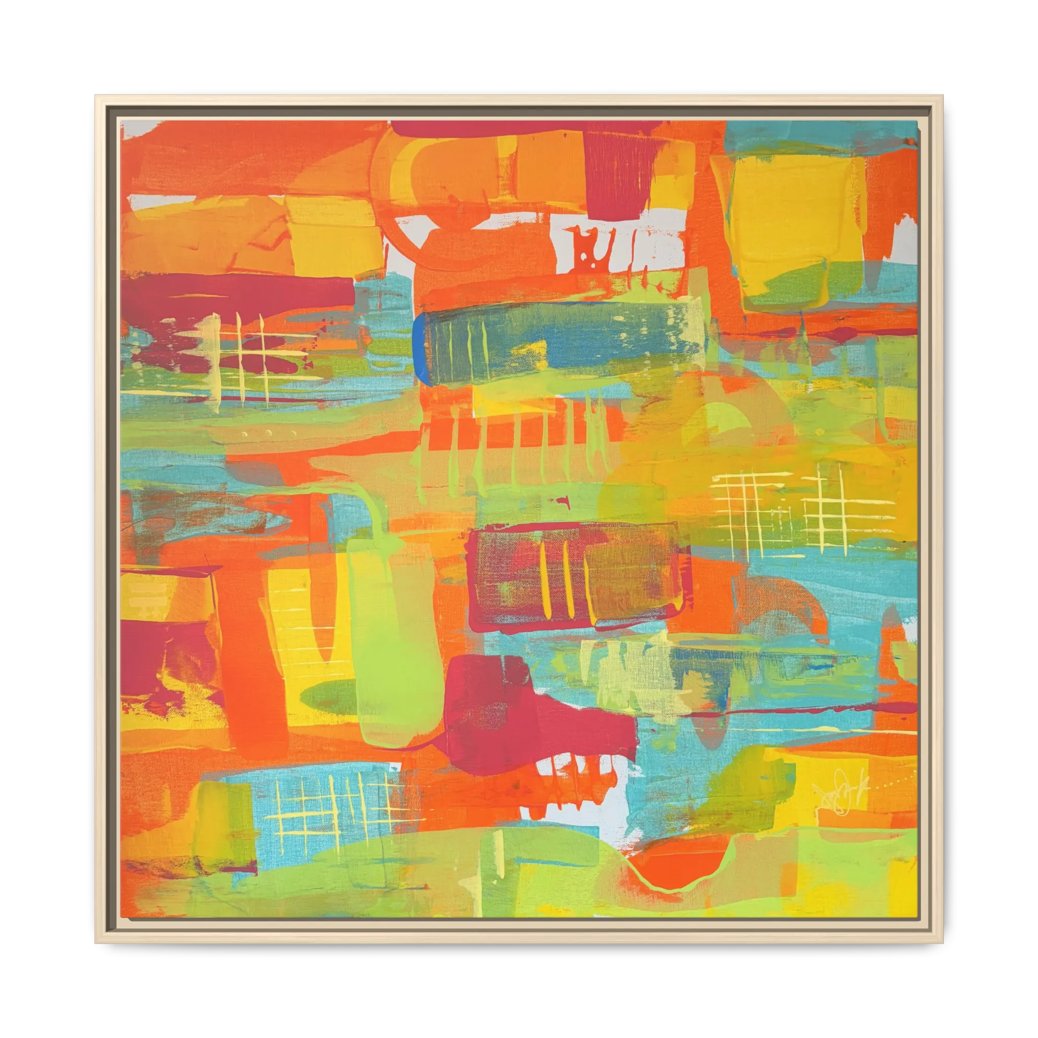 A front view of the 30 x 30 “Ali Sgrattage” Freebrd Abstract Framed 1.25” thick Canvas framed in natural wood. Showcasing teal, boho orange, sunshine yellow, butter yellow, lime green and white paint textures with a natural wooden frame.