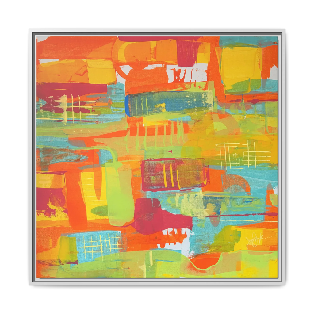 A front view of the 30 x 30 “Ali Sgrattage” Freebrd Abstract Framed 1.25” thick Canvas framed in white. Showcasing teal, boho orange, sunshine yellow, butter yellow, lime green and white paint textures with a white wooden frame.
