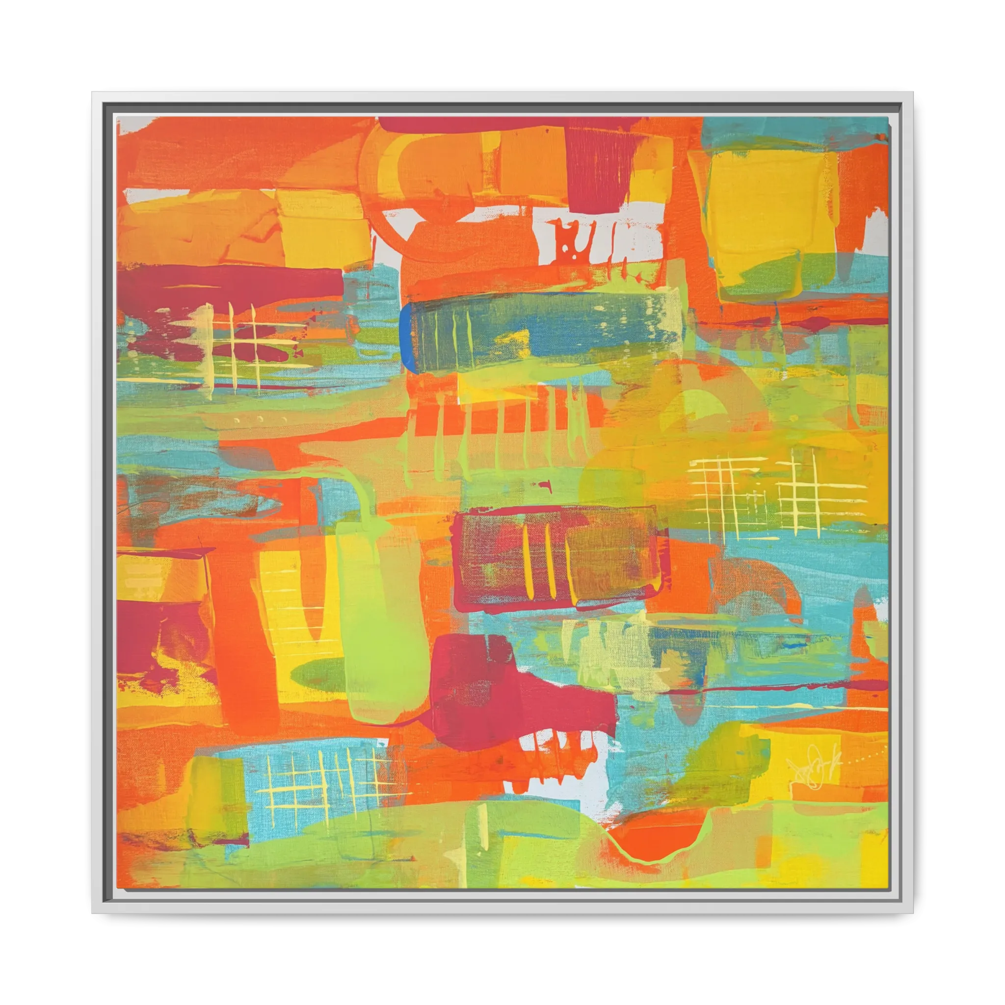 A front view of the 30 x 30 “Ali Sgrattage” Freebrd Abstract Framed 1.25” thick Canvas framed in white. Showcasing teal, boho orange, sunshine yellow, butter yellow, lime green and white paint textures with a white wooden frame.