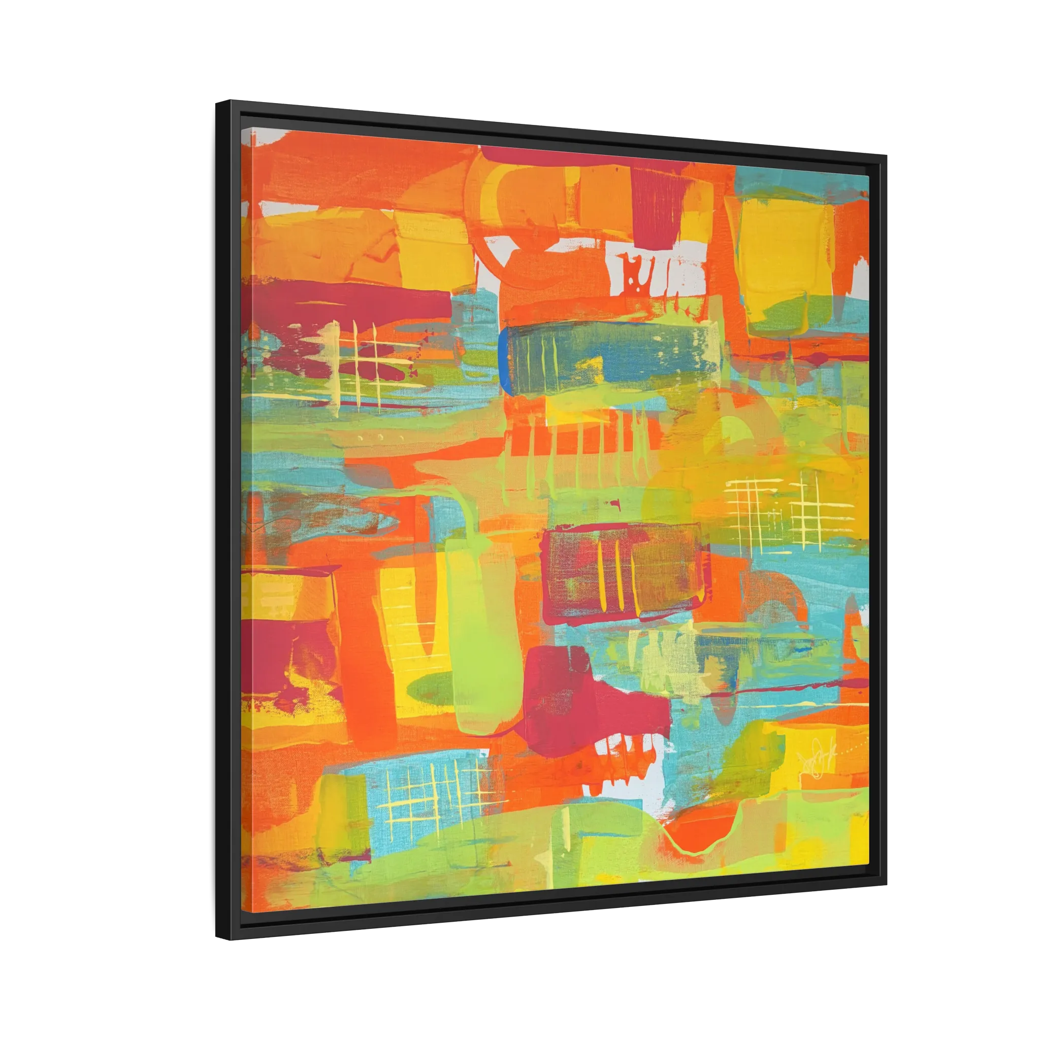 A side view of the 30 x 30 “Ali Sgrattage” Freebrd Abstract Framed 1.25” thick Canvas framed in black. Showcasing teal, boho orange, sunshine yellow, butter yellow, lime green and white paint textures with a black wooden frame.