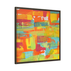 A side view of the 30 x 30 “Ali Sgrattage” Freebrd Abstract Framed 1.25” thick Canvas framed in espresso. Showcasing teal, boho orange, sunshine yellow, butter yellow, lime green and white paint textures with an espresso wooden frame.
