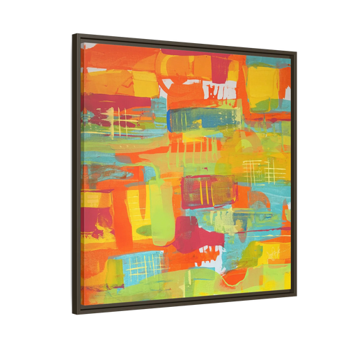 A side view of the 30 x 30 “Ali Sgrattage” Freebrd Abstract Framed 1.25” thick Canvas framed in espresso. Showcasing teal, boho orange, sunshine yellow, butter yellow, lime green and white paint textures with an espresso wooden frame.