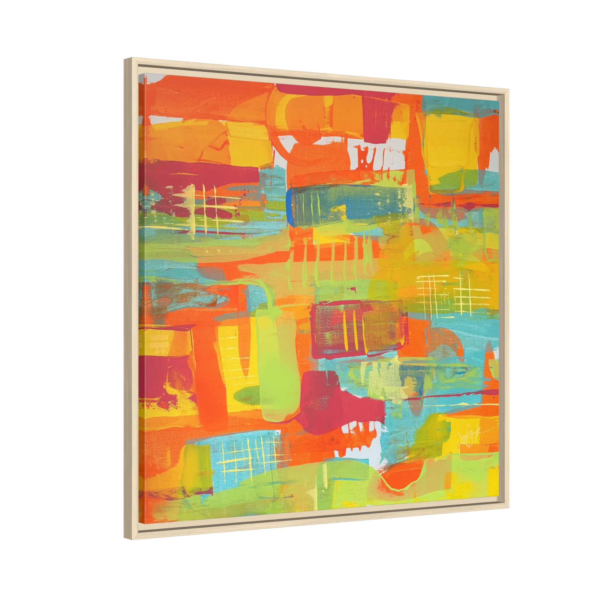 A side view of the 30 x 30 “Ali Sgrattage” Freebrd Abstract Framed 1.25” thick Canvas framed in natural wood. Showcasing teal, boho orange, sunshine yellow, butter yellow, lime green and white paint textures with a natural wooden frame.
