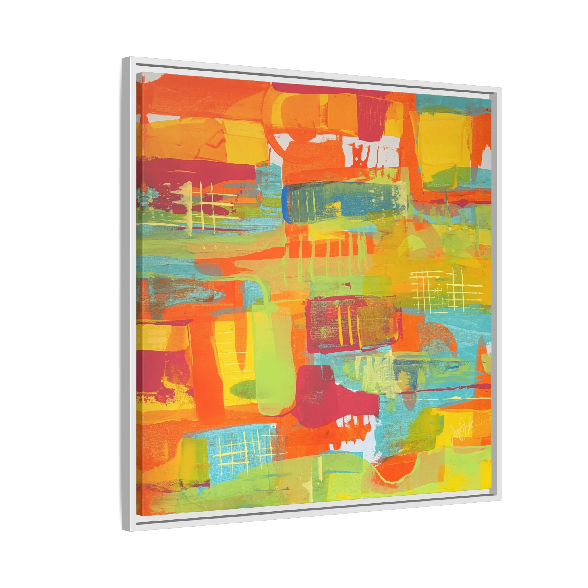 A side view of the 30 x 30 “Ali Sgrattage” Freebrd Abstract Framed 1.25” thick Canvas framed in white. Showcasing teal, boho orange, sunshine yellow, butter yellow, lime green and white paint textures with a white wooden frame.