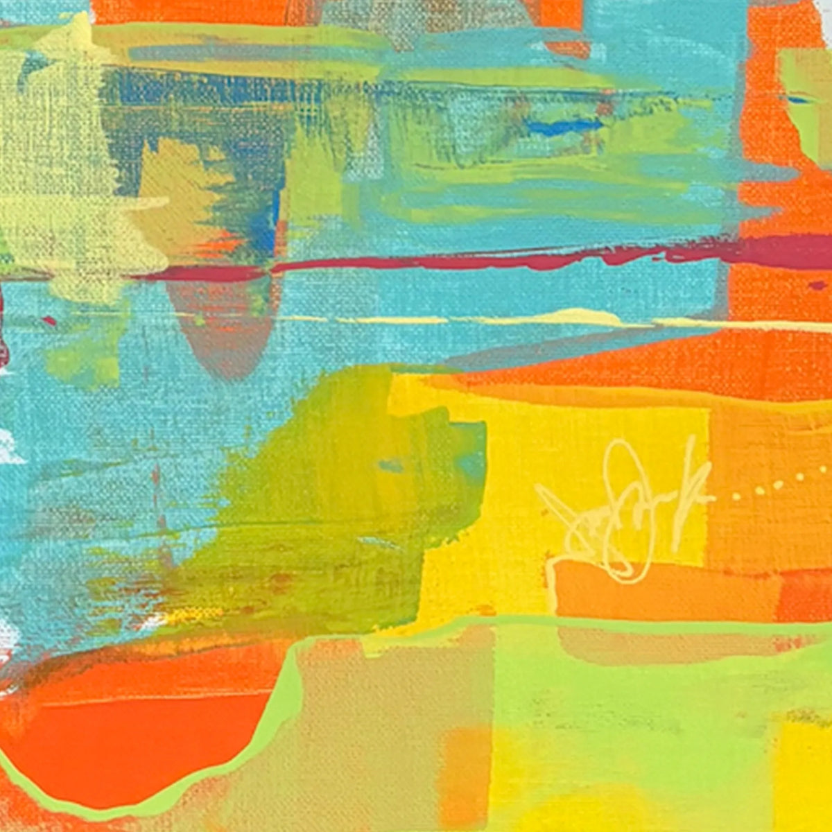 Close-up of layered turquoise, lime green, yellow, orange, and deep red paint, with scraped lines and visible canvas texture.