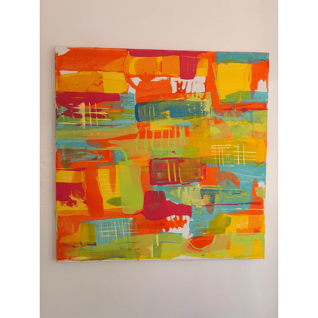 Front view of a square abstract painting on a pale wall, with overlapping orange, yellow, lime green, turquoise, and deep red shapes, drips, and scratched line patterns.