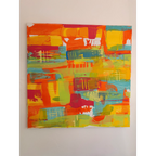 Front view of a square abstract painting on a pale wall, with overlapping orange, yellow, lime green, turquoise, and deep red shapes, drips, and scratched line patterns.