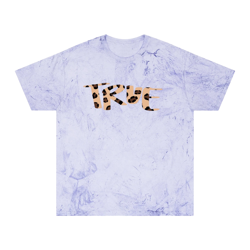 An amethyst garment-dyed marble wash t-shirt with an oversized cheetah print 'True' graphic across the chest in peach and brown.