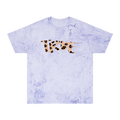 An amethyst garment-dyed marble wash t-shirt with an oversized cheetah print 'True' graphic across the chest in peach and brown.