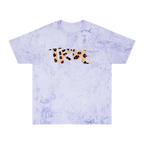 An amethyst garment-dyed marble wash t-shirt with an oversized cheetah print 'True' graphic across the chest in peach and brown.
