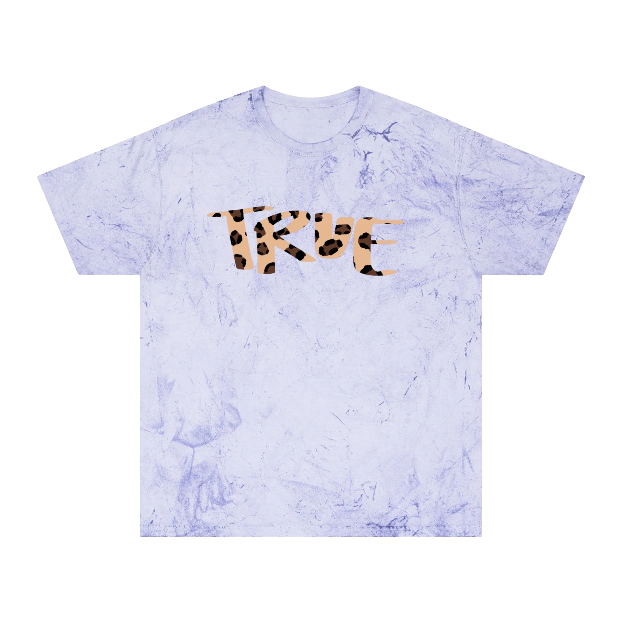 An amethyst garment-dyed marble wash t-shirt with an oversized cheetah print 'True' graphic across the chest in peach and brown.