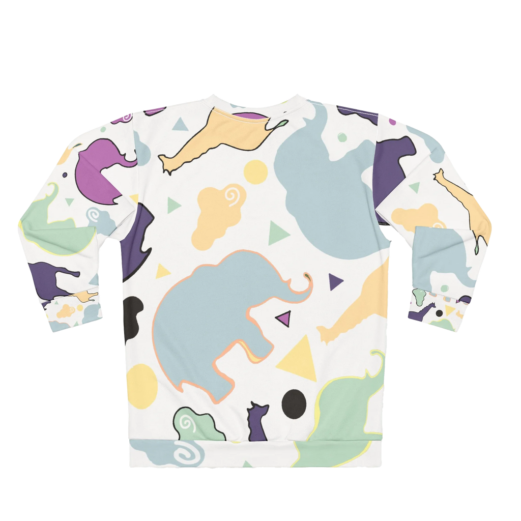 Animal Clouds crewneck sweatshirt, elephant and giraffe all-over print, purple sea green yellow, back view.